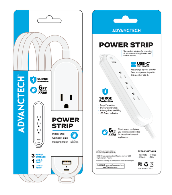 Power Strip with 6ft cord, 3 Outlet and USB A/ USB C SKU: 82029