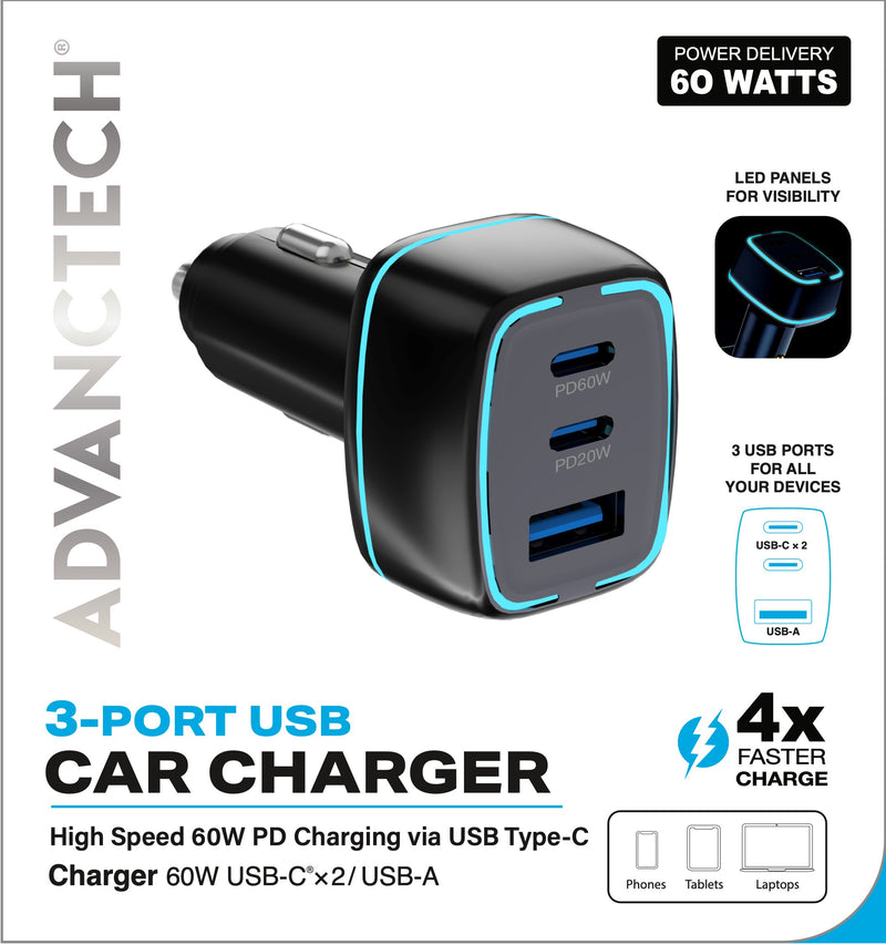 60W 3-Port Car Charger – Dual PD USB-C + USB-A