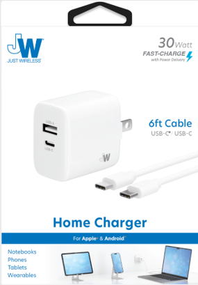 Pro Series Home Charger  Dual USB-A & USB-C Ports 30W-Power Delivery 6ft. USB-C to USB-C Cable White